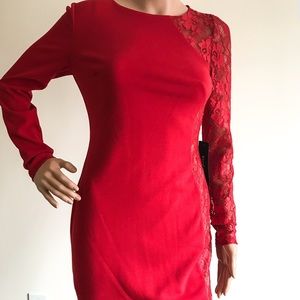 Bebe Red Long Sleeves Dress With Lace Details